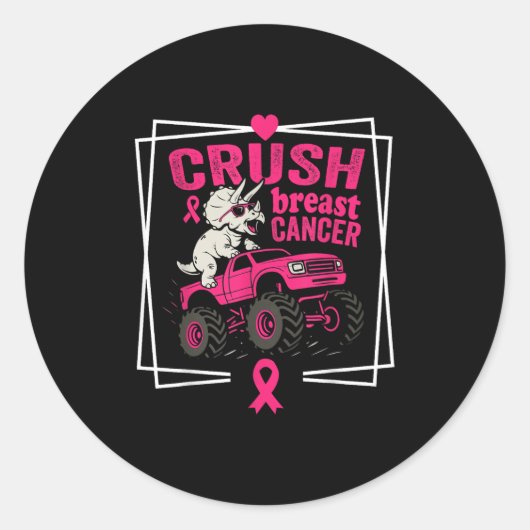 Crush Breast Cancer Dinosaur Driving A Pink Monste ラウンドシール (正面)