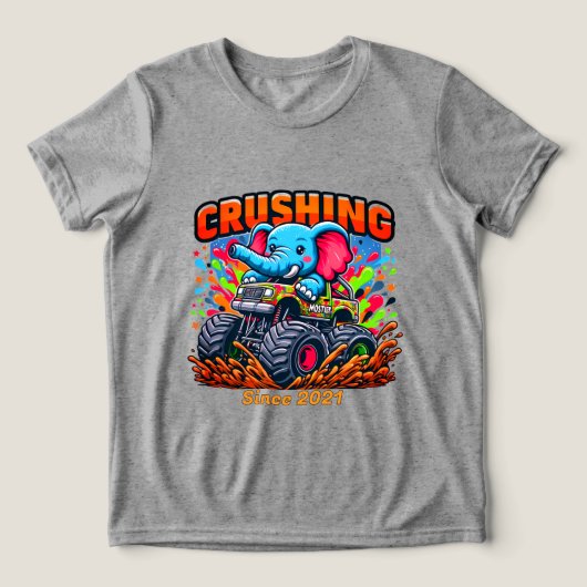 Crushing Since 2021 – Cute Elephant with Truck トライブレンドTシャツ (デザイン正面)