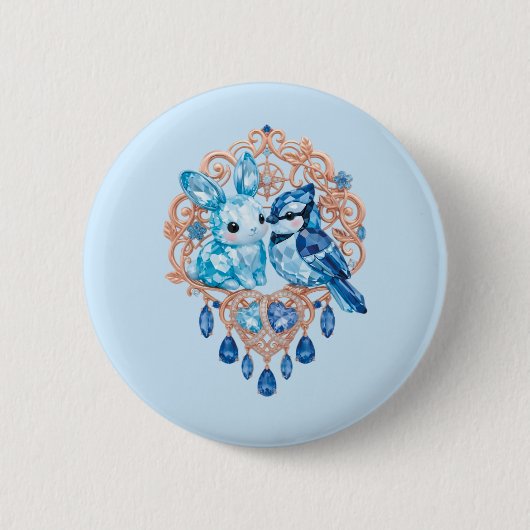 Crystal Blue Bunny and Blue Jay Heart 缶バッジ (正面)