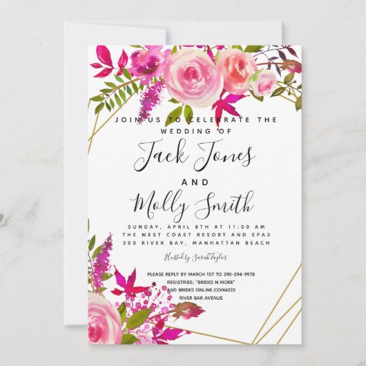 Crystal Pink Peach Roses Watercolor wedding invite 招待状 (正面)