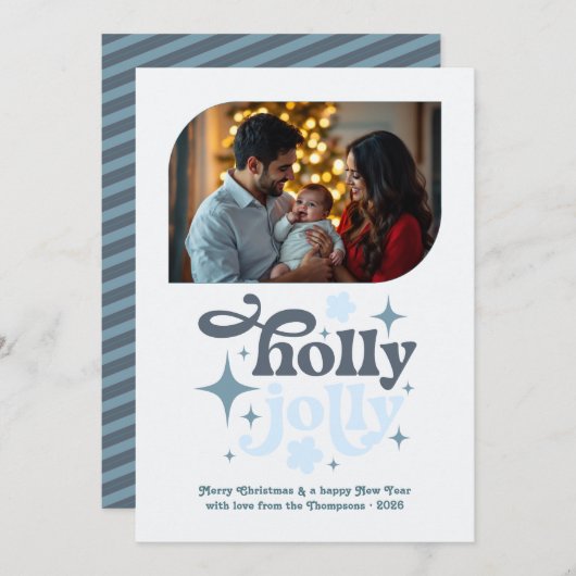 Crystal Snowfall Modern Blue Christmas Photo シーズンカード (正面/裏面)