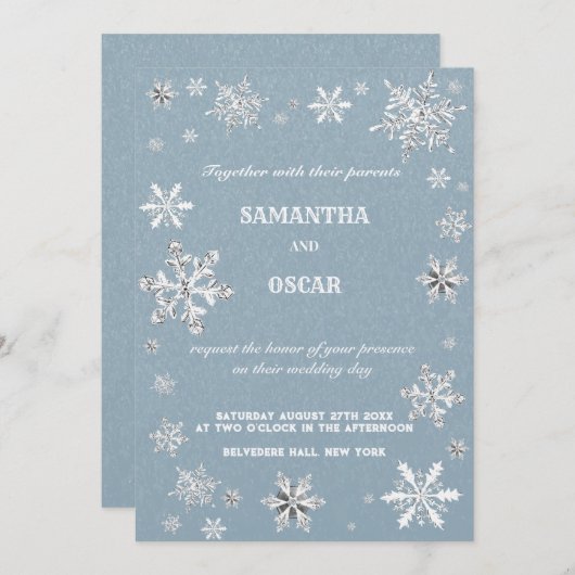 crystale snowflakes blue winter wedding invitation 招待状 (正面/裏面)