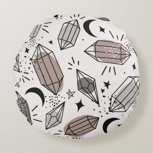 Crystals, moon, stars, hand drawn overlapping back ラウンドクッション (正面)