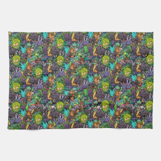 Cthulhu Lovecraft Mythosのチビ（小さくかわいく書いた感じ）の動物寓話集 キッチンタオル (横)