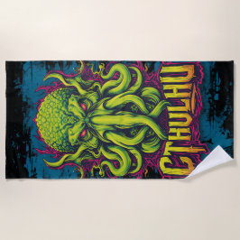 Cthulhu Neon Horror Art – Lovecraft Inspired  ビーチタオル