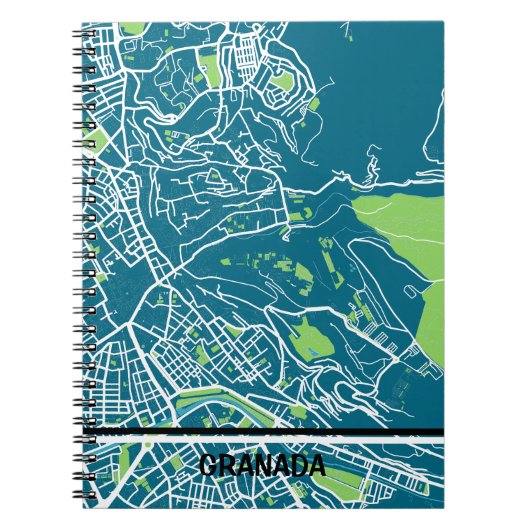 Cuaderno mapa minimalista de Granada - Azul-verde ノートブック (正面)