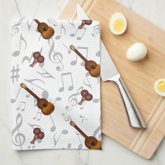 Cuatro and Maracas with Music Notes on WHITE キッチンタオル (四つ折り)