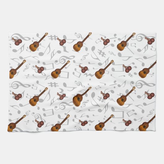 Cuatro and Maracas with Music Notes on WHITE キッチンタオル (横)
