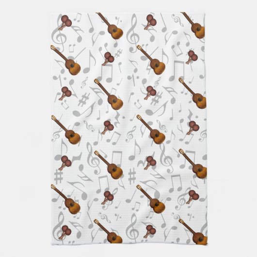 Cuatro and Maracas with Music Notes on WHITE キッチンタオル (縦)