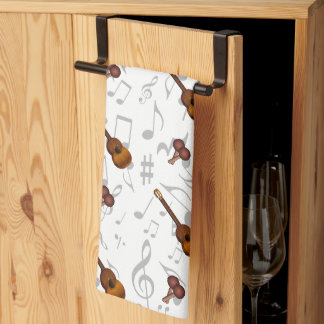 Cuatro and Maracas with Music Notes on WHITE キッチンタオル