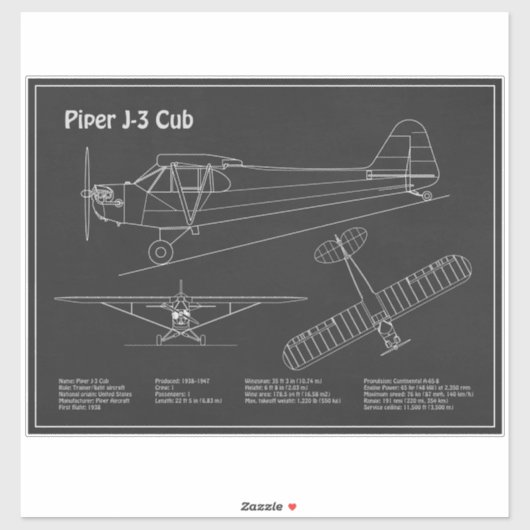 Cub飛行機 – 飛行機の設計図の計画PD シール (シート)