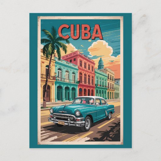 Cuba Classic Car Illustration Travel Art Vintage ポストカード (正面)