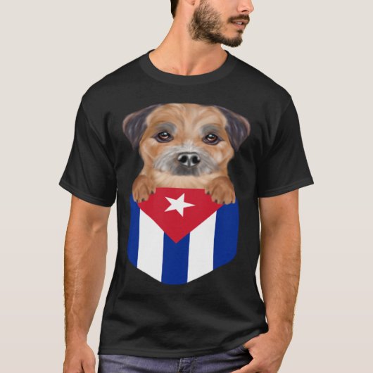 Cuba Flag Border Terrier Dog In Pocket Tシャツ (正面)