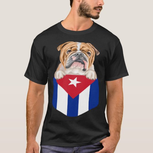 Cuba Flag Bulldog Dog In Pocket Tシャツ (正面)