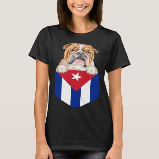 Cuba Flag Bulldog Dog In Pocket Tシャツ (正面)