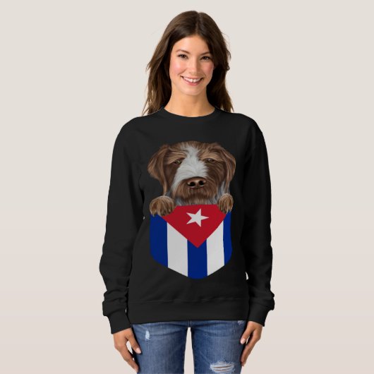 Cuba Flag German Wirehaired Pointer Dog In Pocket スウェットシャツ (正面フル)