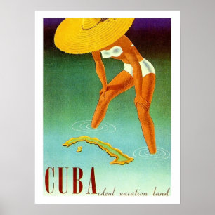 Cuba, Isle, bikini girl in big yellow hat, vintage ポスター