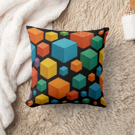 Cubes galore on black Throw Cushion クッション (ブランケット)
