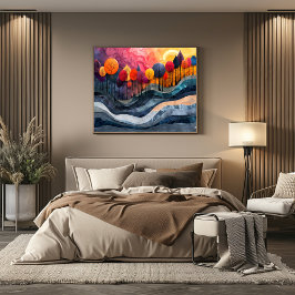 Cubismo: Bosque de Colores Vibrantes al Atardecer  ポスター