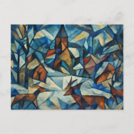 Cubist Expressionist Winter Village Postcard シーズンポストカード