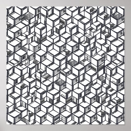 Cubist Geometric Hypercube Decoupage Template Line ポスター (正面)