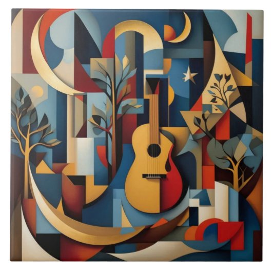 Cubist guitar art abstract still life geometric co タイル (正面)