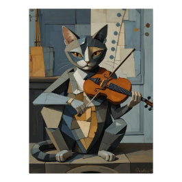 Cubist Harmony: Feline Violinist ポスター