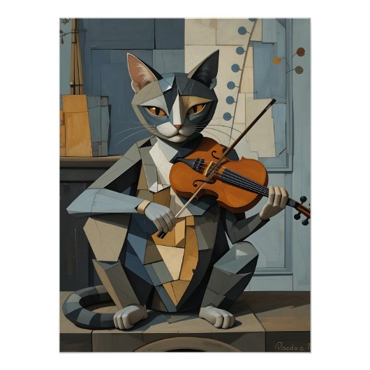 Cubist Harmony: Feline Violinist ポスター (正面)