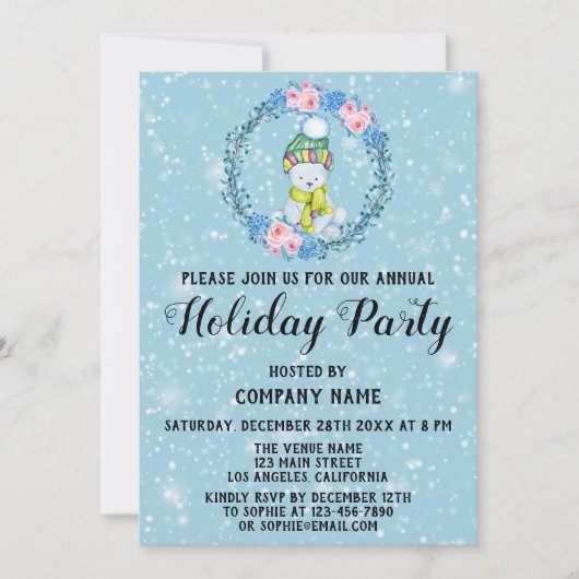 Cuddly Bear Wreath Company ホリデーパーティ ブルー スノー 招待状 (正面)