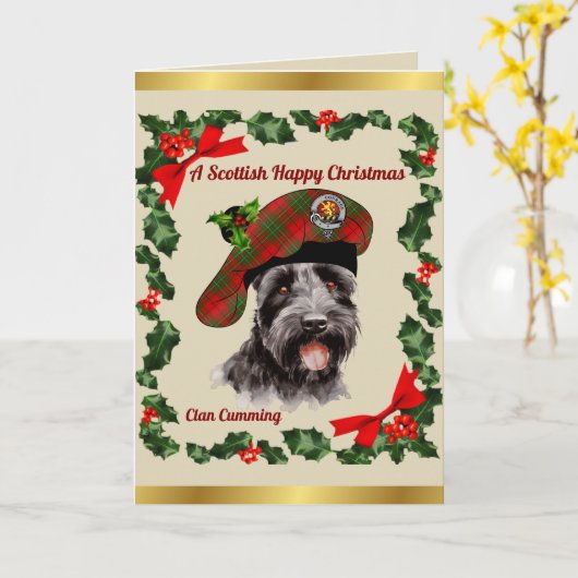 Cumming Scottie Dog Personalized Xmas カード (黄色い花)