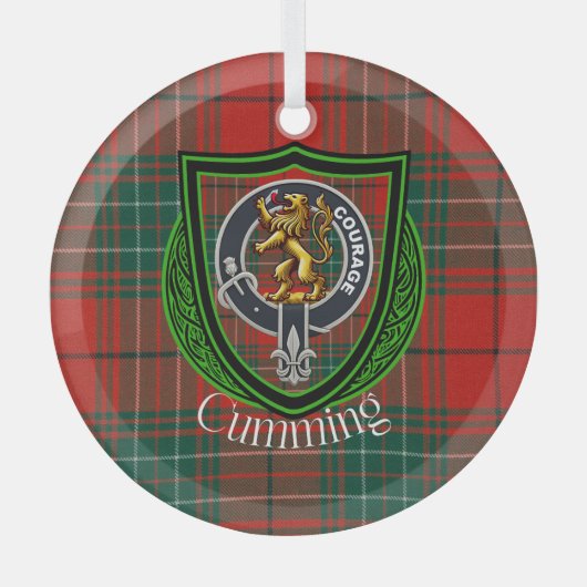 Cumming Scottish Clan Tartan & Crest ガラスオーナメント (正面)