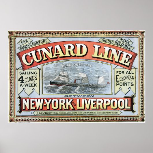Cunard Line Ad Poster New York and Liverpool 1875 ポスター (正面)