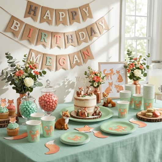 Cunning Fox Mint Green Personalized Birthday Paper 紙コップ
