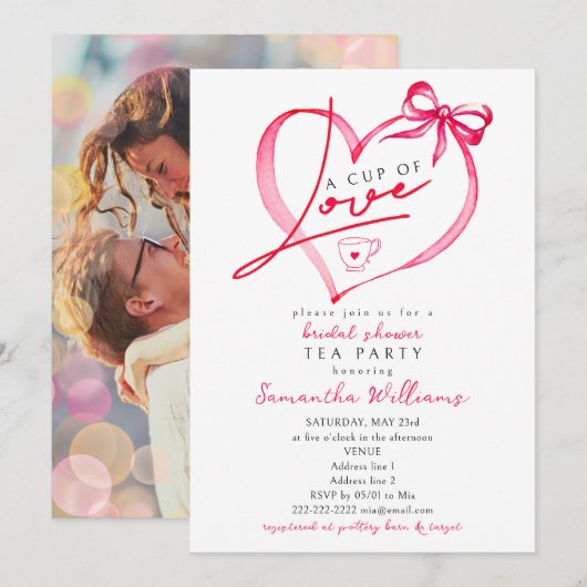 Cup of Love Unique Script Tea Coffee Bridal Shower 招待状 (正面/裏面)