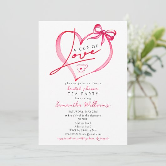 Cup of Love Unique Script Tea Coffee Bridal Shower 招待状 (スタンド正面)