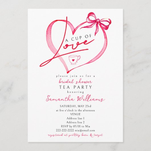 Cup of Love Unique Script Tea Coffee Bridal Shower 招待状 (正面)