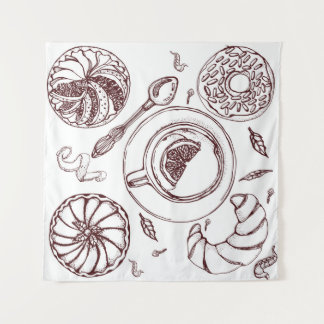 Cup of tea,  a pastry,  croissant,  vintage,  hand タペストリー