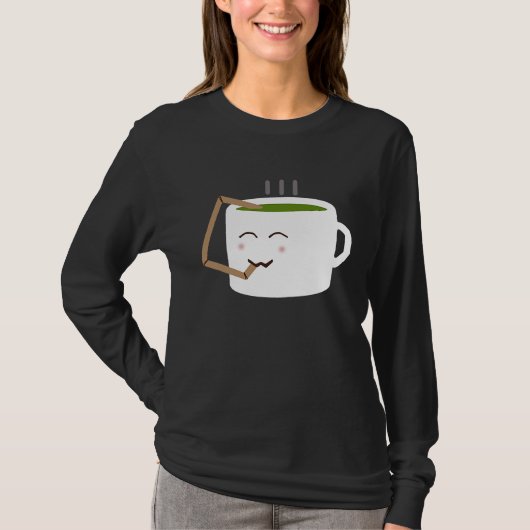 Cup of Tea Using a Straw to Drink Cute Green Tea Tシャツ (正面)