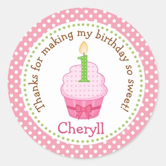 Cupcake 1st Birthday Thanks You Stickers (Pink) ラウンドシール (正面)