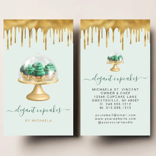 Cupcake Bakery Emerald Green Faux Gold Foil Drip 名刺
