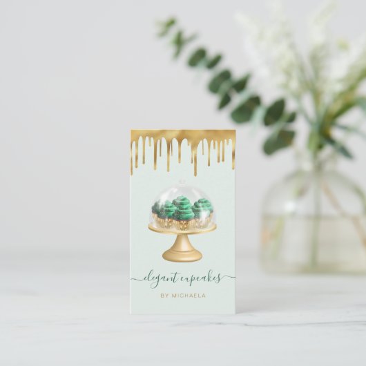 Cupcake Bakery Emerald Green Faux Gold Foil Drip 名刺 (スタンド正面)