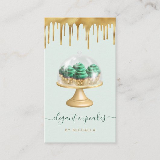 Cupcake Bakery Emerald Green Faux Gold Foil Drip 名刺 (正面)