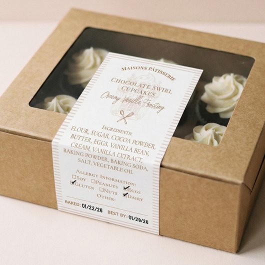 Cupcake Bakery Ingredients & Allergy Food Label 長方形シール