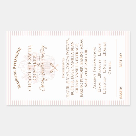 Cupcake Bakery Ingredients & Allergy Food Label 長方形シール (正面)