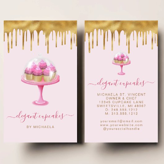 Cupcake Bakery Pink Faux Gold Foil Drip 名刺