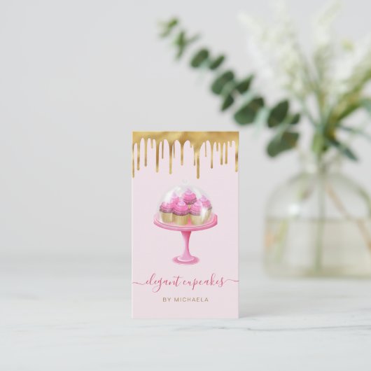 Cupcake Bakery Pink Faux Gold Foil Drip 名刺 (スタンド正面)