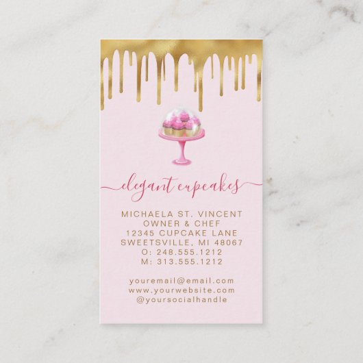 Cupcake Bakery Pink Faux Gold Foil Drip 名刺 (裏面)