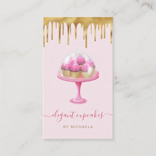 Cupcake Bakery Pink Faux Gold Foil Drip 名刺 (正面)