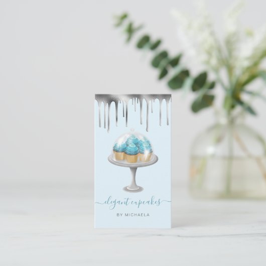 Cupcake Bakery Teal Faux Silver Foil Drip 名刺 (スタンド正面)