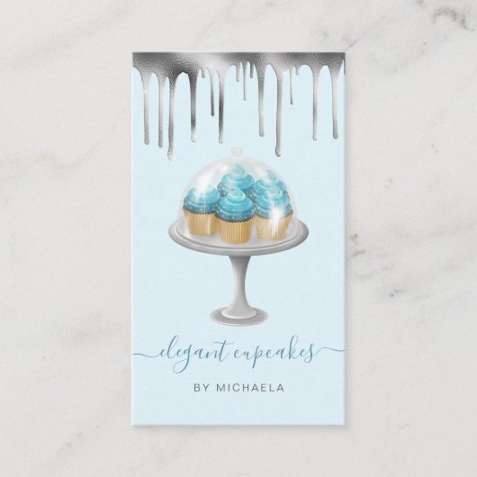Cupcake Bakery Teal Faux Silver Foil Drip 名刺 (正面)